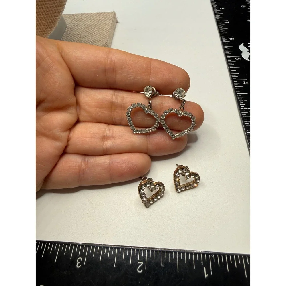 2 Pair Heart Rhinestone Earrings Set Silver Tone Drop & Gold Tone Studs